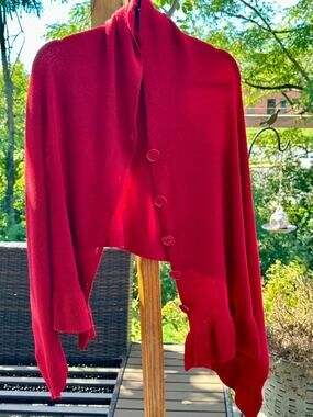 Top It Off Red Sweater Cape Wrap Button Front Ruffle Hem One Size